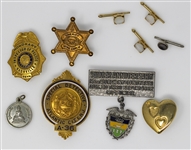 Moe Howards Honorary Police Badges & Pins -- Includes 4 Badge Pins Including Ones for Nashville & Atlantic City; 4 Cufflinks; 1 Pendant; 1 Gold Heart-Shaped Pin From the Variety Club -- Very Good